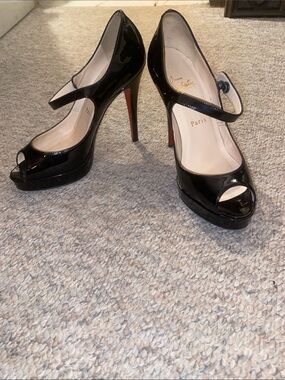 Christian Louboutin Black Patent Mary Jane Peep-Toe Platforms